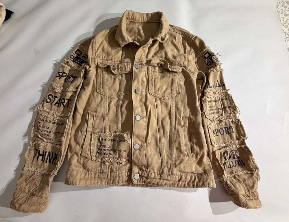 SHEIN Khaki Tan Graphic Patch Distressed Denim Jacket Womens XS